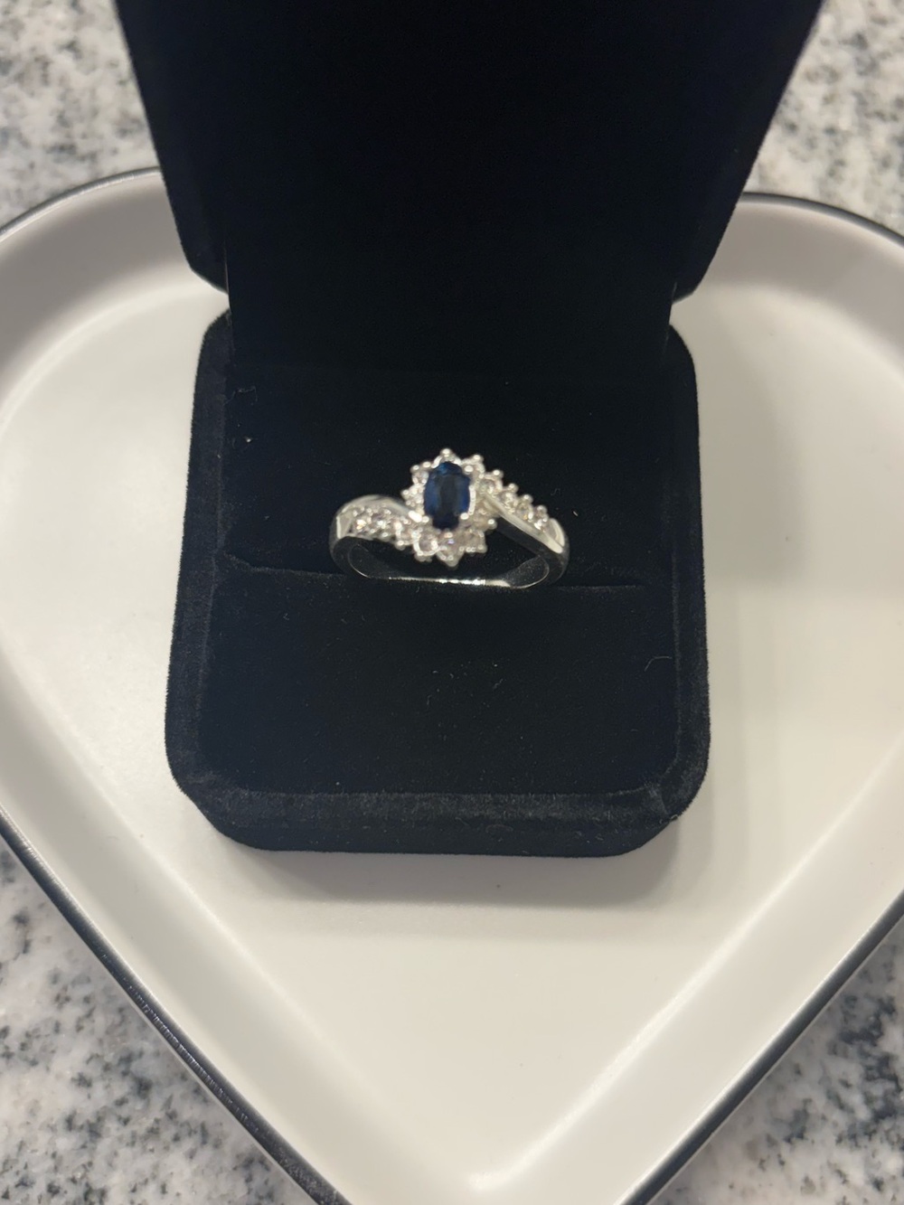 Silver Oval Blue Stone Halo Ring